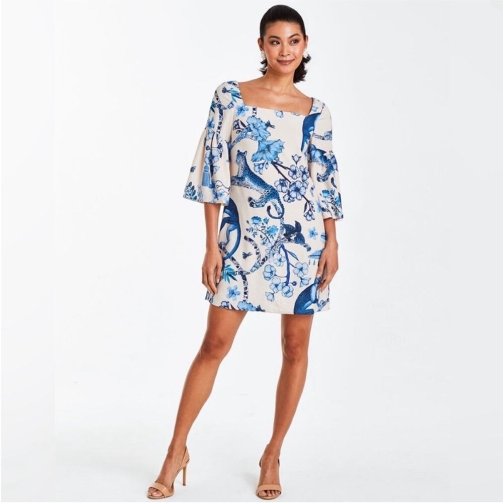 Mestiza Vivienne Blue Chinoiserie Jungle Bell Sleeve Shift Dress Monkeys Leopard